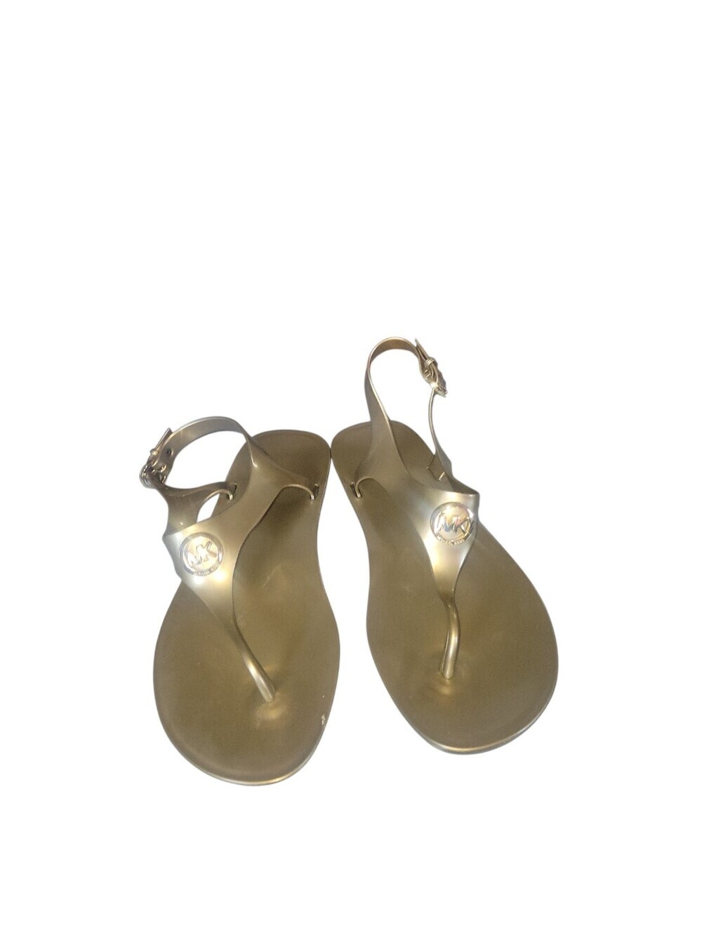 Michael Kors Metallic Gold Women's T-Strap Logo Buckle Fasterner Sandals 9M
